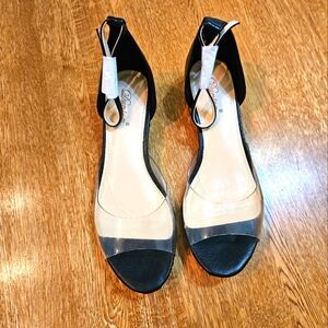 Black Women's Sandals, Clear Open Toe  Wit Pearl Accent On Heel, Sz 7.5, NIB